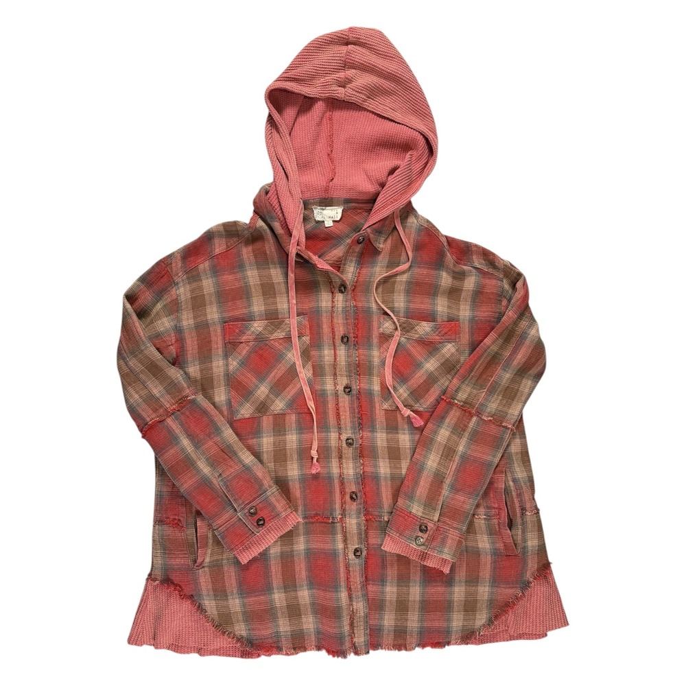 Oli & Hali Plaid Hooded Shacket M Waffle Knit Grunge Boho Shabby Mixed Media - Picture 2 of 10